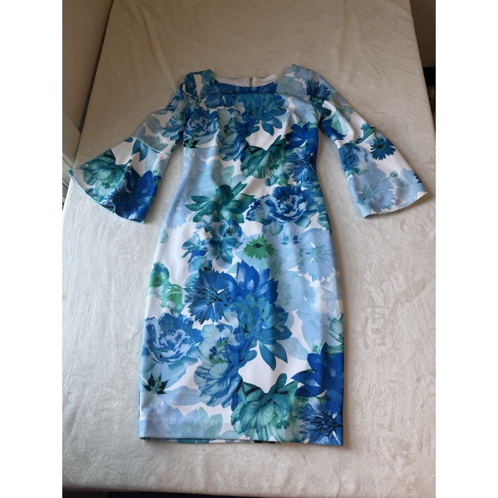 Calvin‎ Klein Blue White Flower Bell Sleeve Floral Dress Sz 6 Formal Wedding